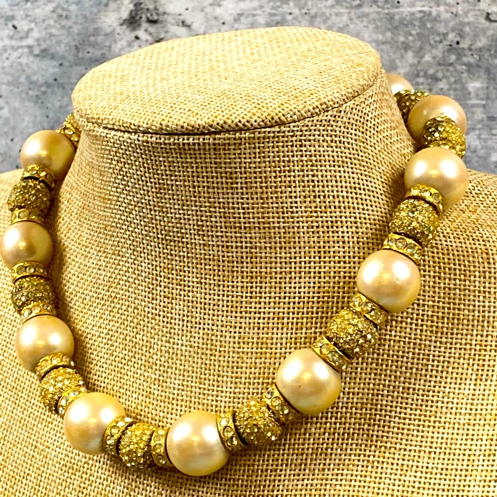 maresco jewelry pearl necklace rhinestone detail on gold tone hardware